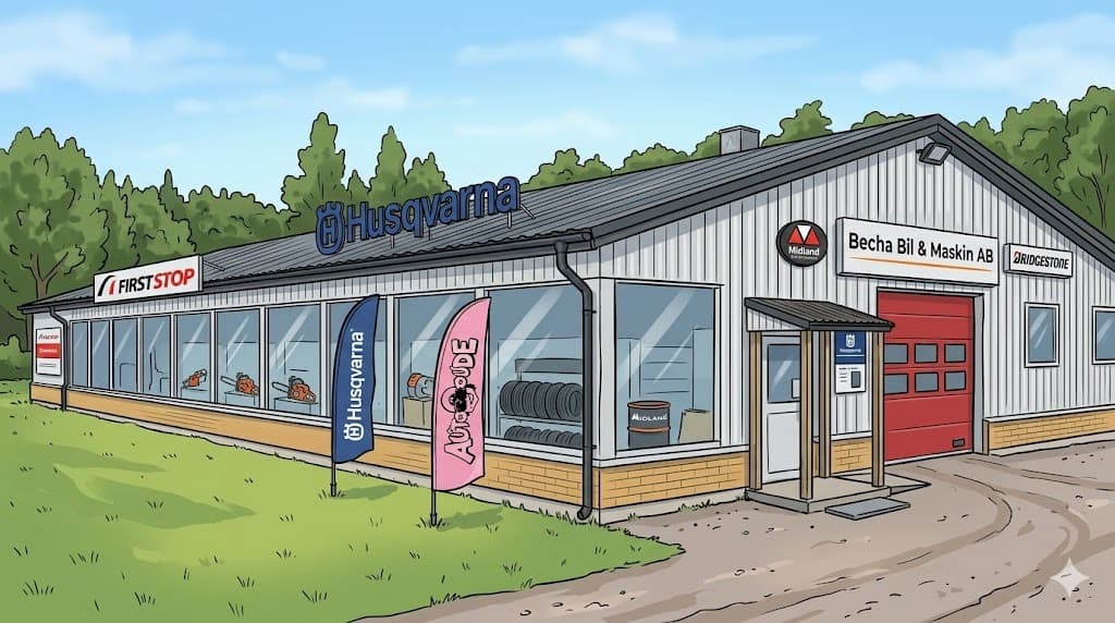 BechaBil & Maskin i Åtvidaberg med verkstad, butik och maskinservice.