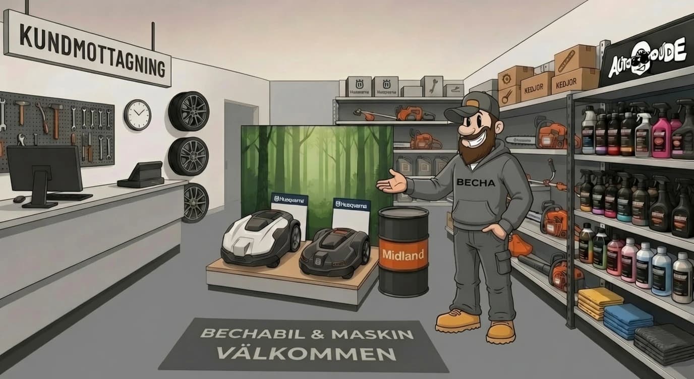 Butik och kundmottagning hos BechaBil & Maskin.